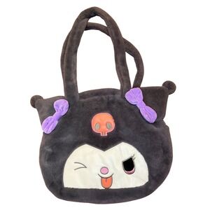 Sanrio Kuromi Plush Tote Bag Grey Faux Fur Purple Bows Embroidered Skull Zipper